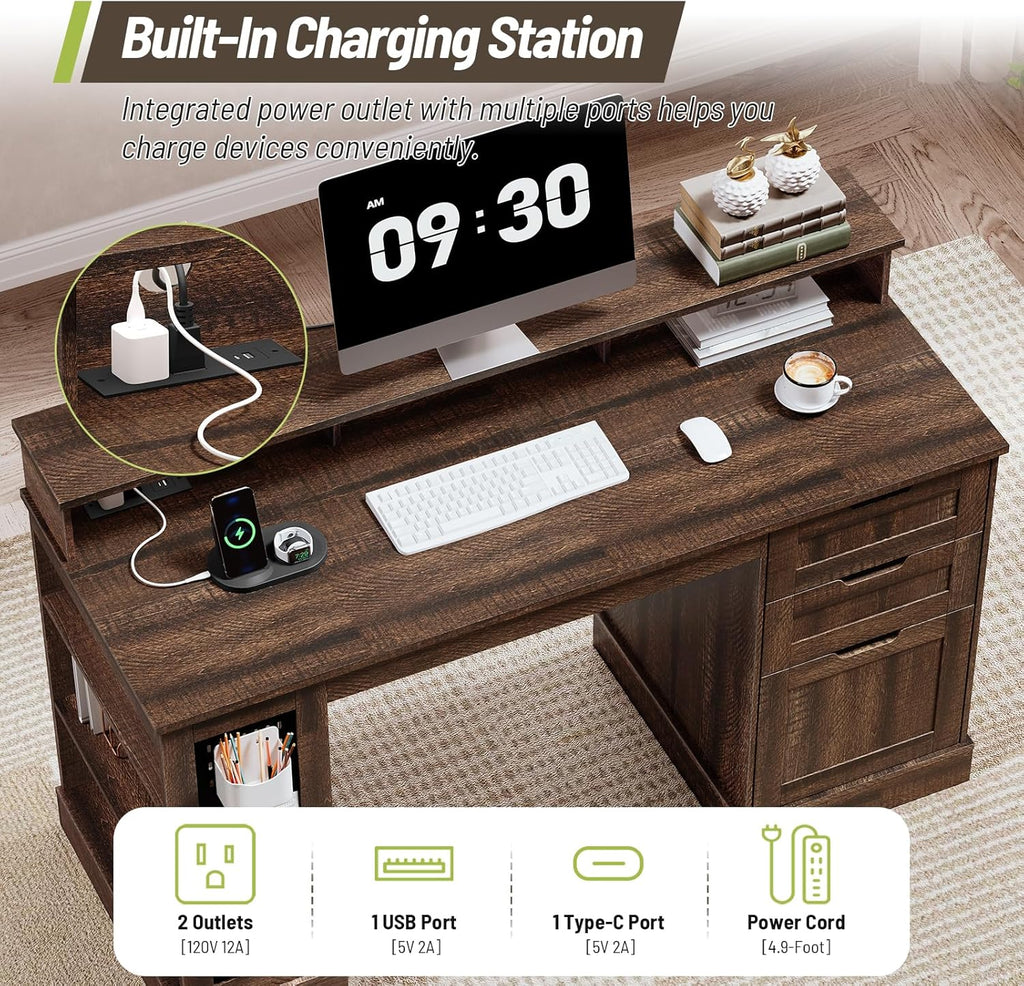 55inch Farmhouse Executive Desk with 2 Drawers and File Cabinet, Computer Desk with 3-Tier Storage Shelves, Home Office Desk with Charging Station, Pegboard and Monitor Shelf, Brown