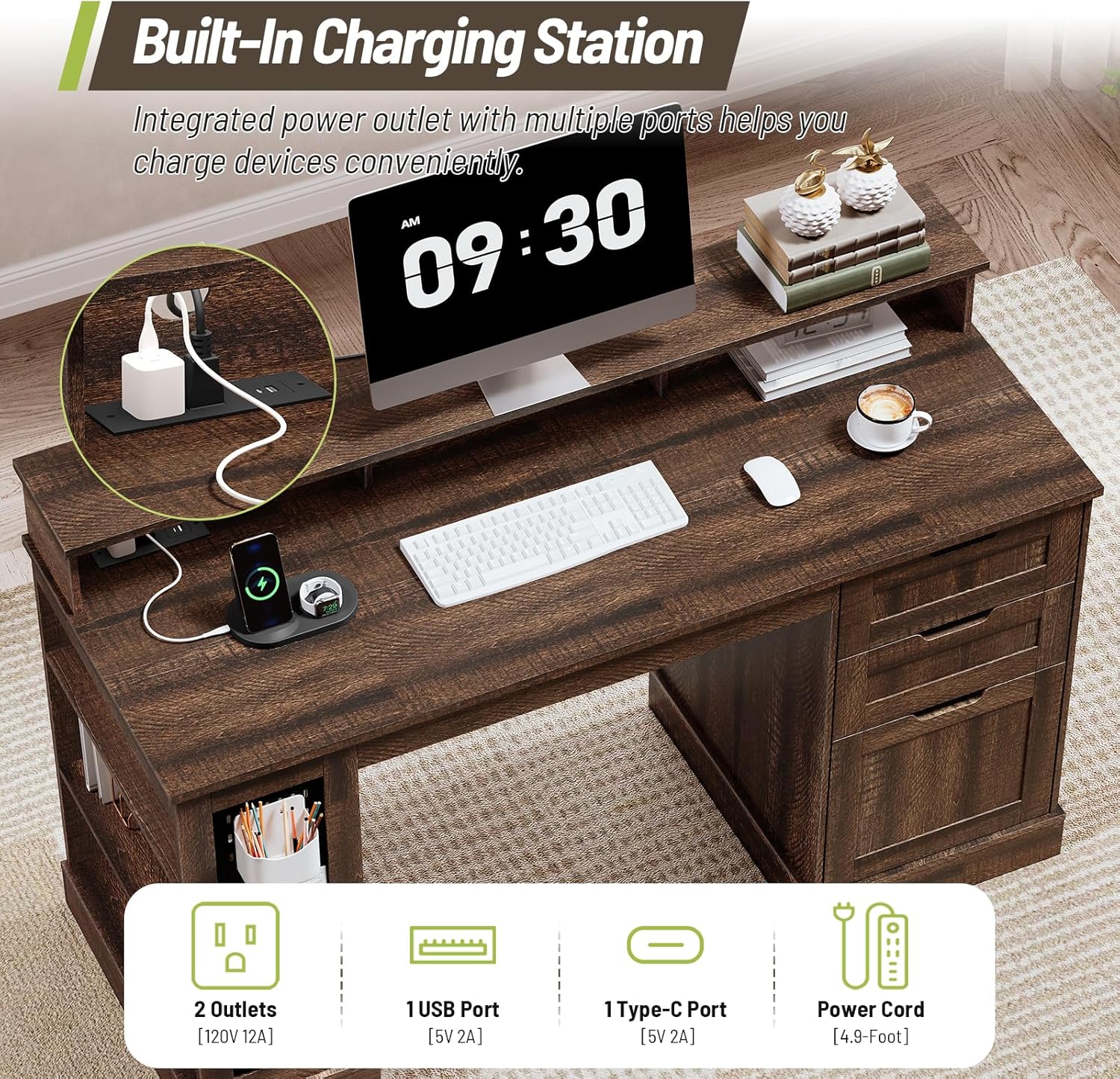 55inch Farmhouse Executive Desk with 2 Drawers and File Cabinet, Computer Desk with 3-Tier Storage Shelves, Home Office Desk with Charging Station, Pegboard and Monitor Shelf, Brown