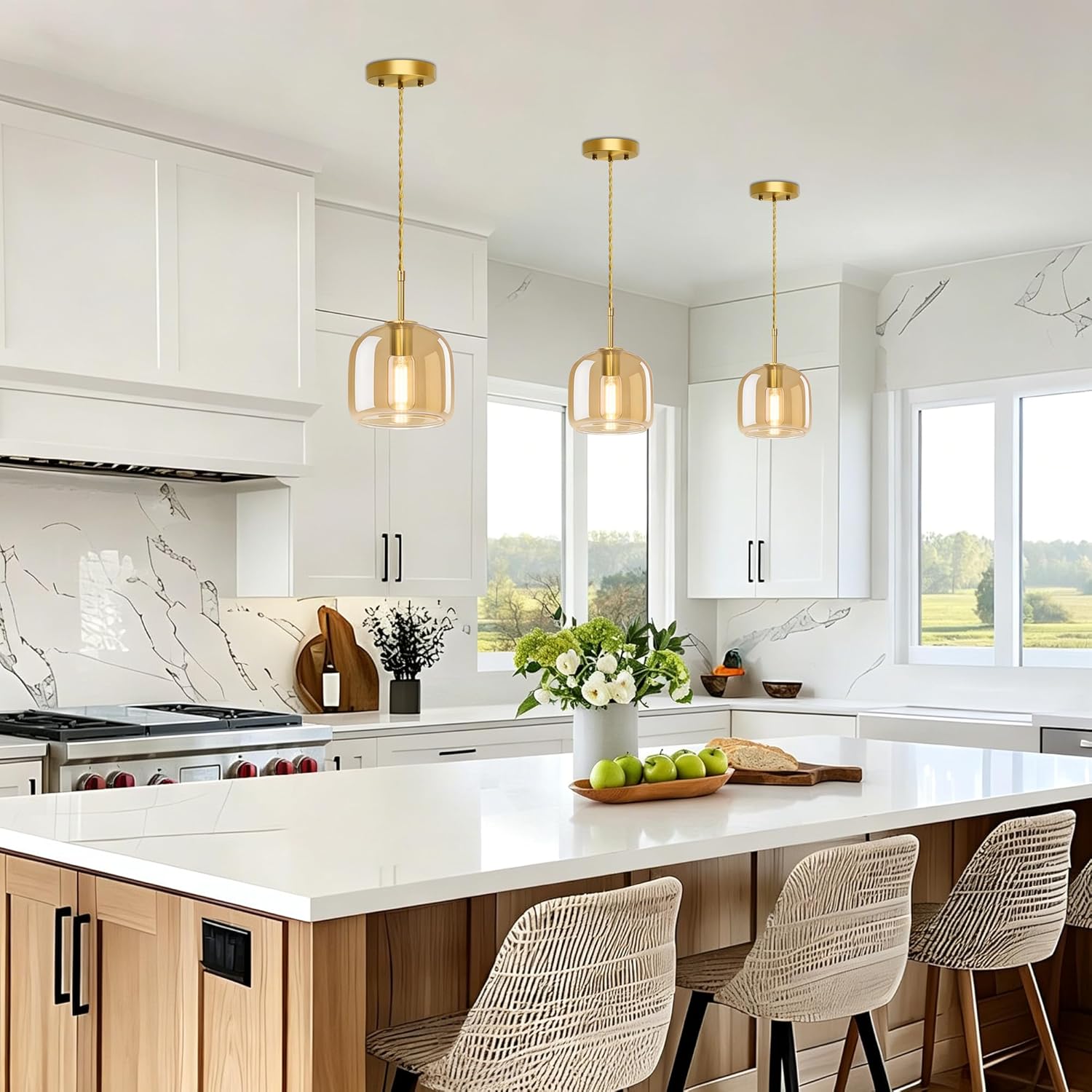 Pendant Lights Kitchen Island 2 Pack,Gold Pendant Lights with Glass Shade,Vintage Hanging Light Fixture Adjustable Cord for Kitchen,Dining Room,Hallway,Living Room,Foyer, Entryway