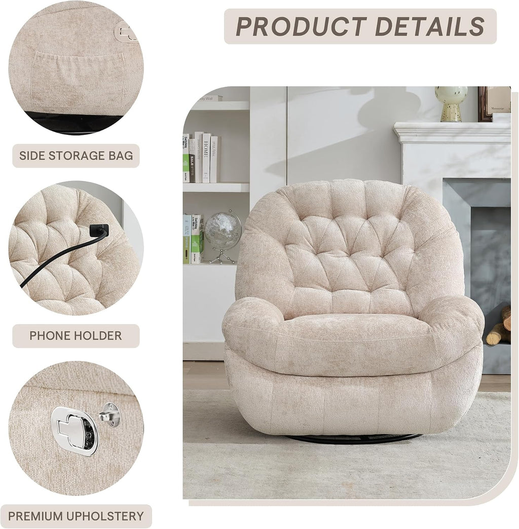 Swivel Rocker Recliner Chair,Oversized Swivel Rocking Sofa | Large Glider Recliner with Phone Holder for Living Room,Chenille,Cream Beige