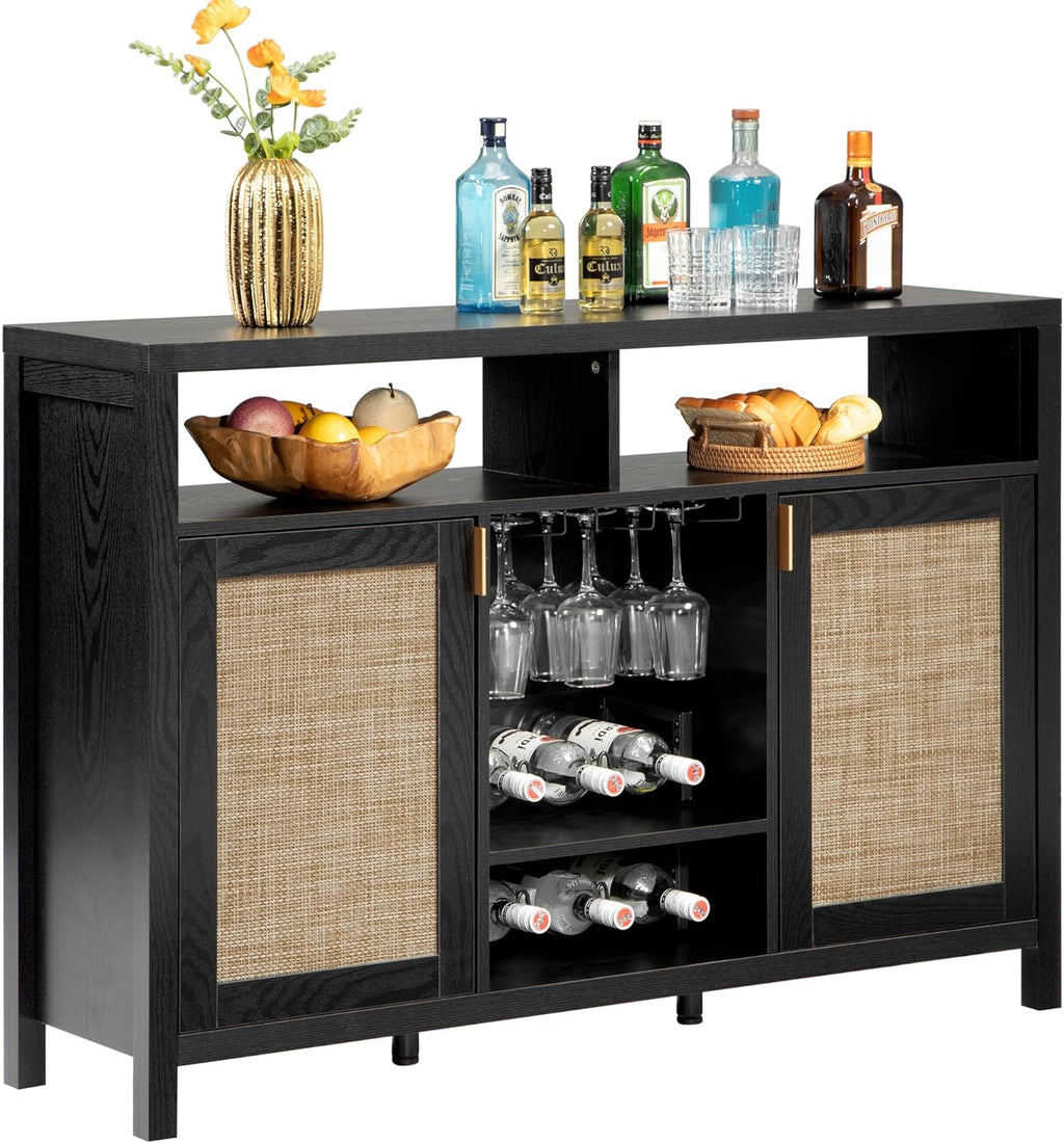 SICOTAS Rattan Coffee Bar Cabinet with Wine Racks & Metal Stemware Holders | 51" Sideboard Buffet Cabinet with Storage, Modern Liquor Cabinet Boho Credenza Buffet Table for Living Dining Room, Black Oak