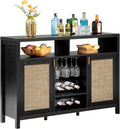 SICOTAS Rattan Coffee Bar Cabinet with Wine Racks & Metal Stemware Holders | 51" Sideboard Buffet Cabinet with Storage, Modern Liquor Cabinet Boho Credenza Buffet Table for Living Dining Room, Black Oak