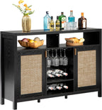 SICOTAS Rattan Coffee Bar Cabinet with Wine Racks & Metal Stemware Holders | 51" Sideboard Buffet Cabinet with Storage, Modern Liquor Cabinet Boho Credenza Buffet Table for Living Dining Room, Black Oak
