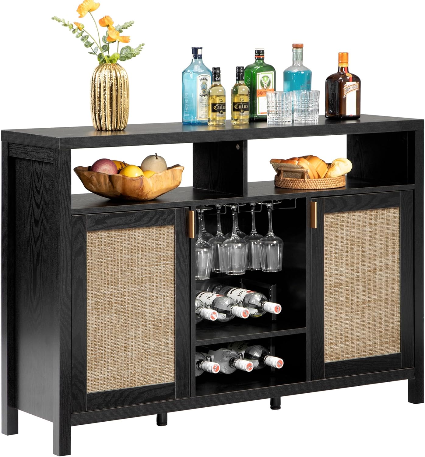 SICOTAS Rattan Coffee Bar Cabinet with Wine Racks & Metal Stemware Holders | 51" Sideboard Buffet Cabinet with Storage, Modern Liquor Cabinet Boho Credenza Buffet Table for Living Dining Room, Black Oak