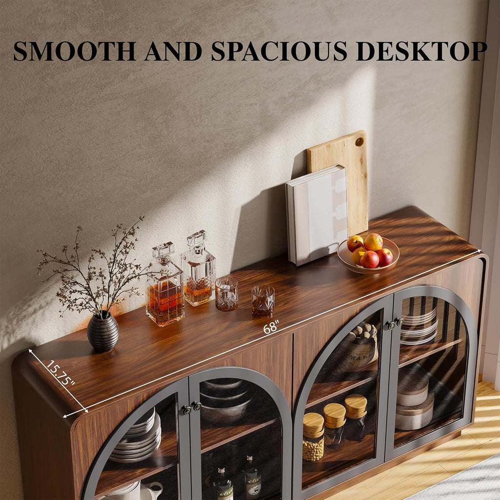 Sideboard Buffet Cabinet with Storage, Credenza Storage Cabinet for Living Room, Walnut Sideboard Wooden Accent Cabinet, Modern Coffee Bar Console Cabinet Walnut Buffet Cabinet with Arched Glass Doors