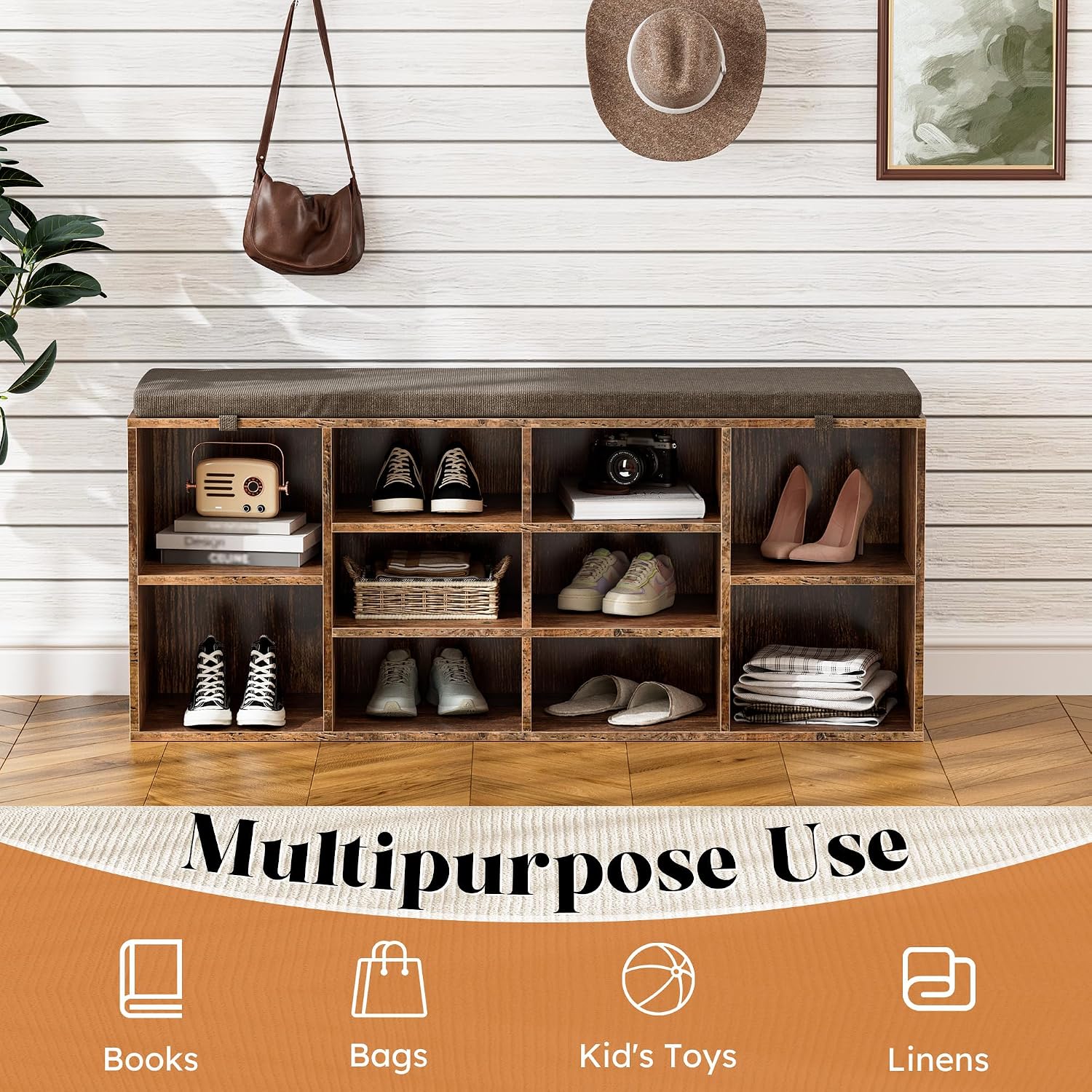 Shoe Storage Bench, 41" Entryway Organizer with Cushion, Brown | 10 compartments, heavy duty engineered wood, removable cushion, spacious family entryway organizer