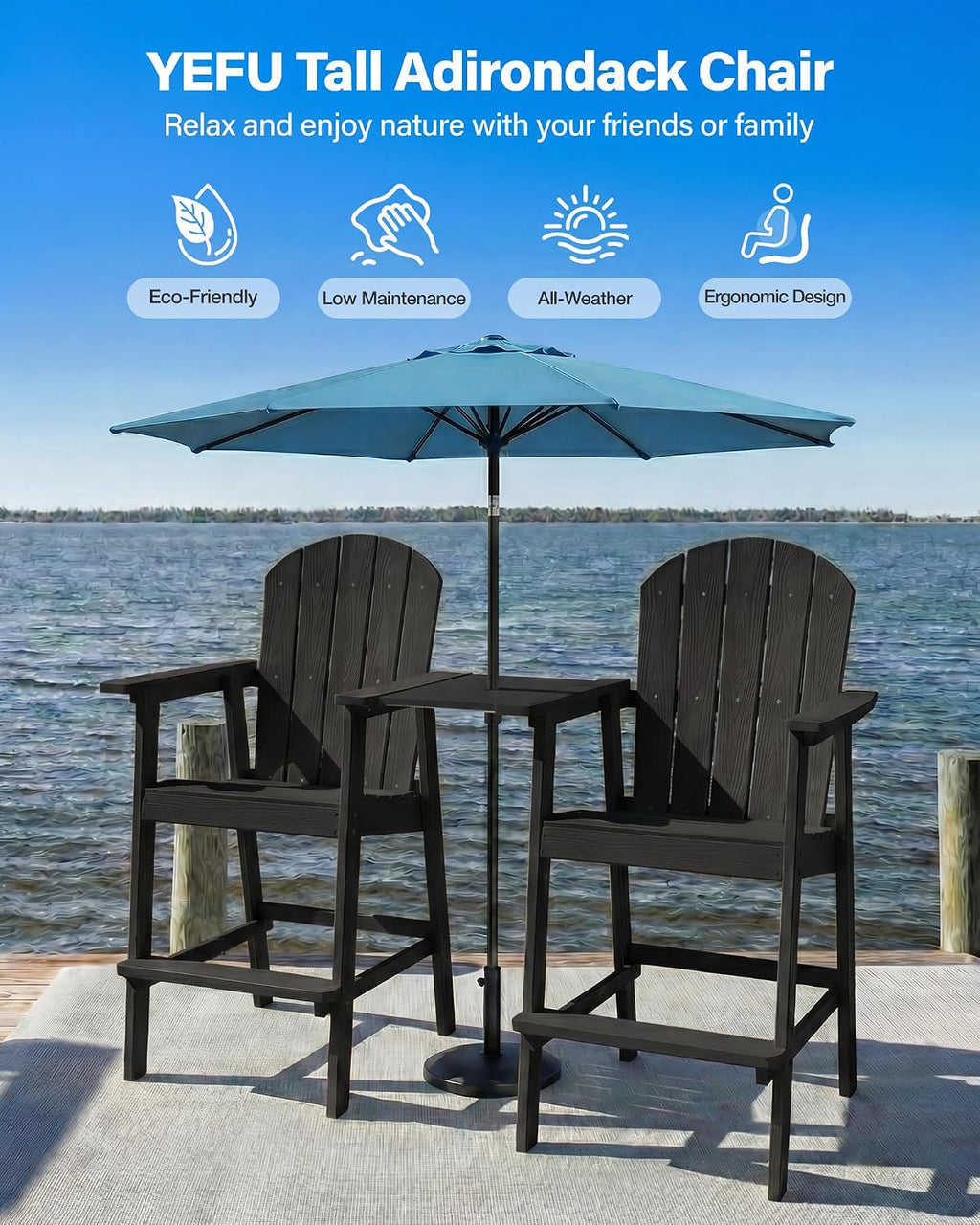 YEFU Tall Adirondack Chairs Set of 2: Oversize Balcony Adirondack Chairs Set - Outdoor Bar Height Barstools Widened Chair with Wood Grain - Weather Resistant for Deck Backyard Yard Poolside Pool