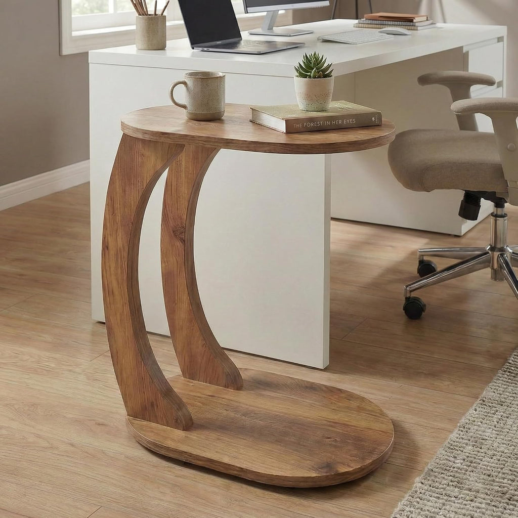Modern Oval C-Shaped Side Table, Curved Wood End Table