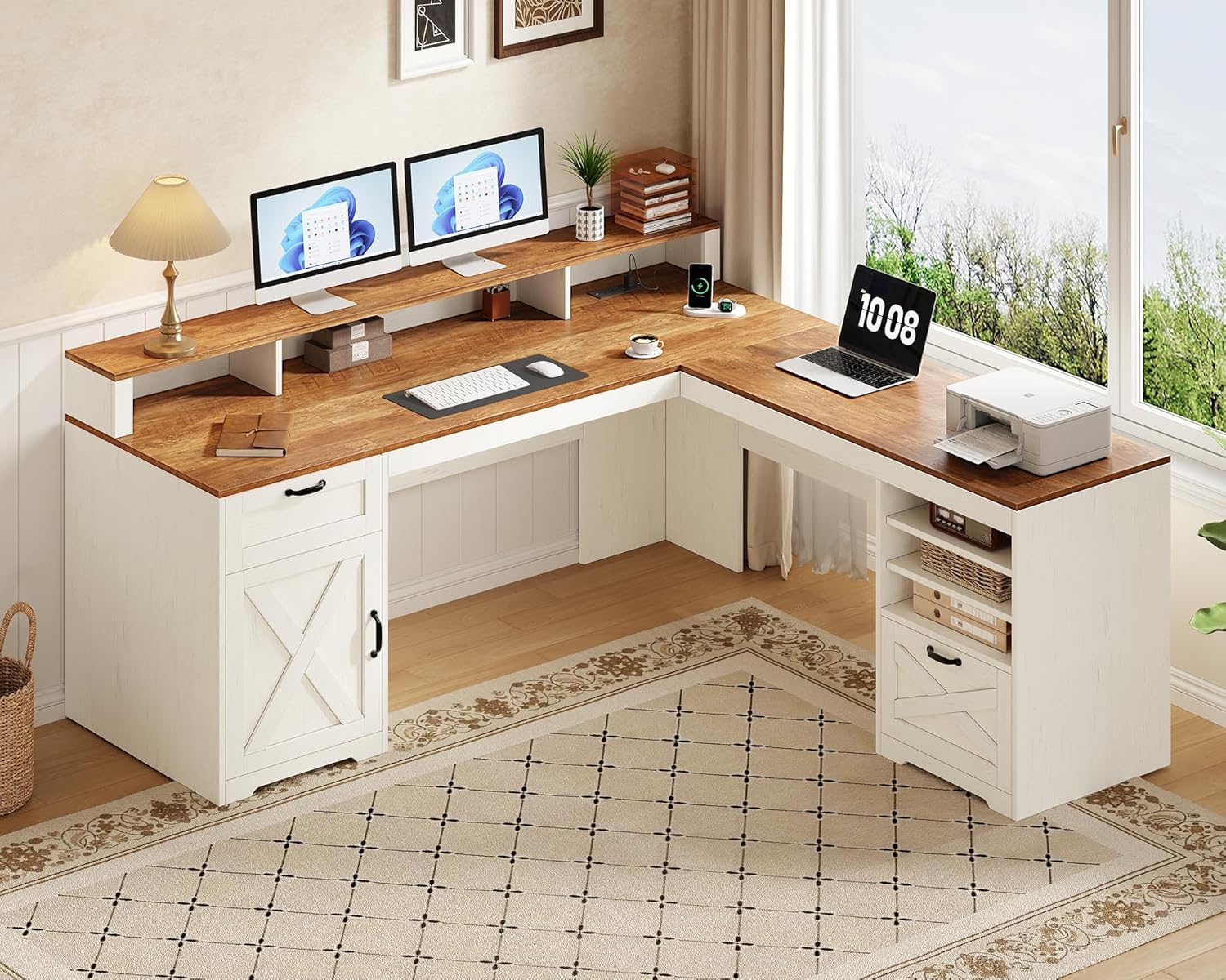 YOMILUVE Farmhouse 63" L Shaped Desk with Drawers and Storage Shelf, Home Office Desk with Power Outlets, Storage Cabinet, Corner Computer Desk with Long Monitor Stand, Brown and White