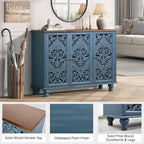 JOINICE Accent Cabinet with 3 Carved Doors, Distressed Sideboard Buffet with Storage & Solid Wood Legs, 43" Vintage Console Table for Living Room,Entryway,Coffee Bar,Hallway(Blue & Walnut)