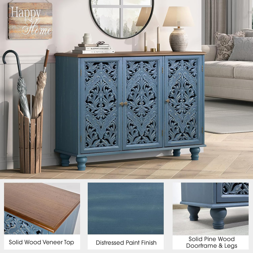 Jiansu furni Sideboard Buffet Cabinet with Storage, Accent Cabinet with 3 Doors and Adjustable Shelves,Buffet Table with Solid Wood Legs for Kitchen, Living Room, Hallway(Blue & Walnut)