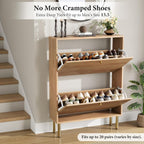 Nicetree Shoe Storage Cabinet for Entryway - Flip Shoe Cabinet with Tiered Fluted Design - Slim Shoe Storage Rack with Gold Legs - Narrow Shoe Cabinet Hidden Shoe Organizer for Small Spaces