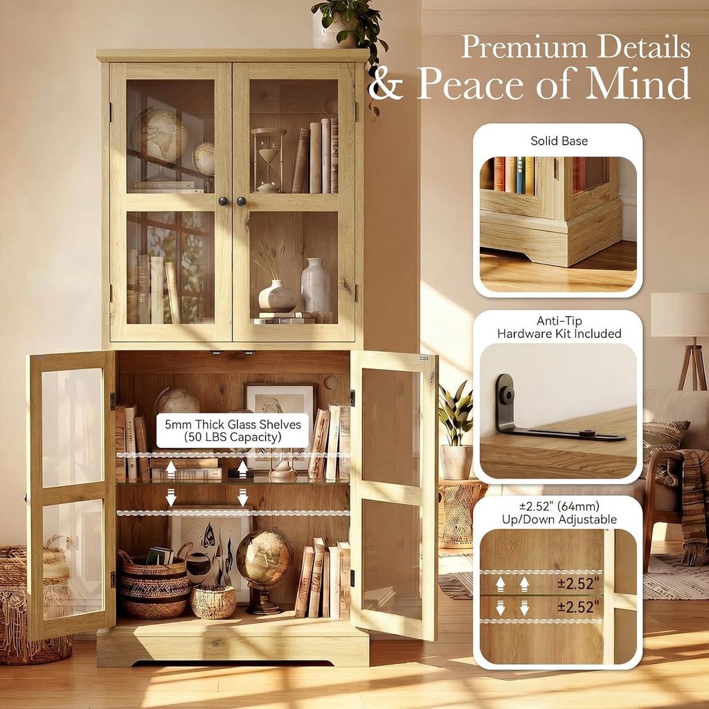 68" Tall Glass Display Cabinet with RGB LED Lights, Yellow Oak | 4-Tier Curio Cabinet with Glass Doors, Adjustable Glass Shelves, Display Case Bookcase for Collectibles and Figures
