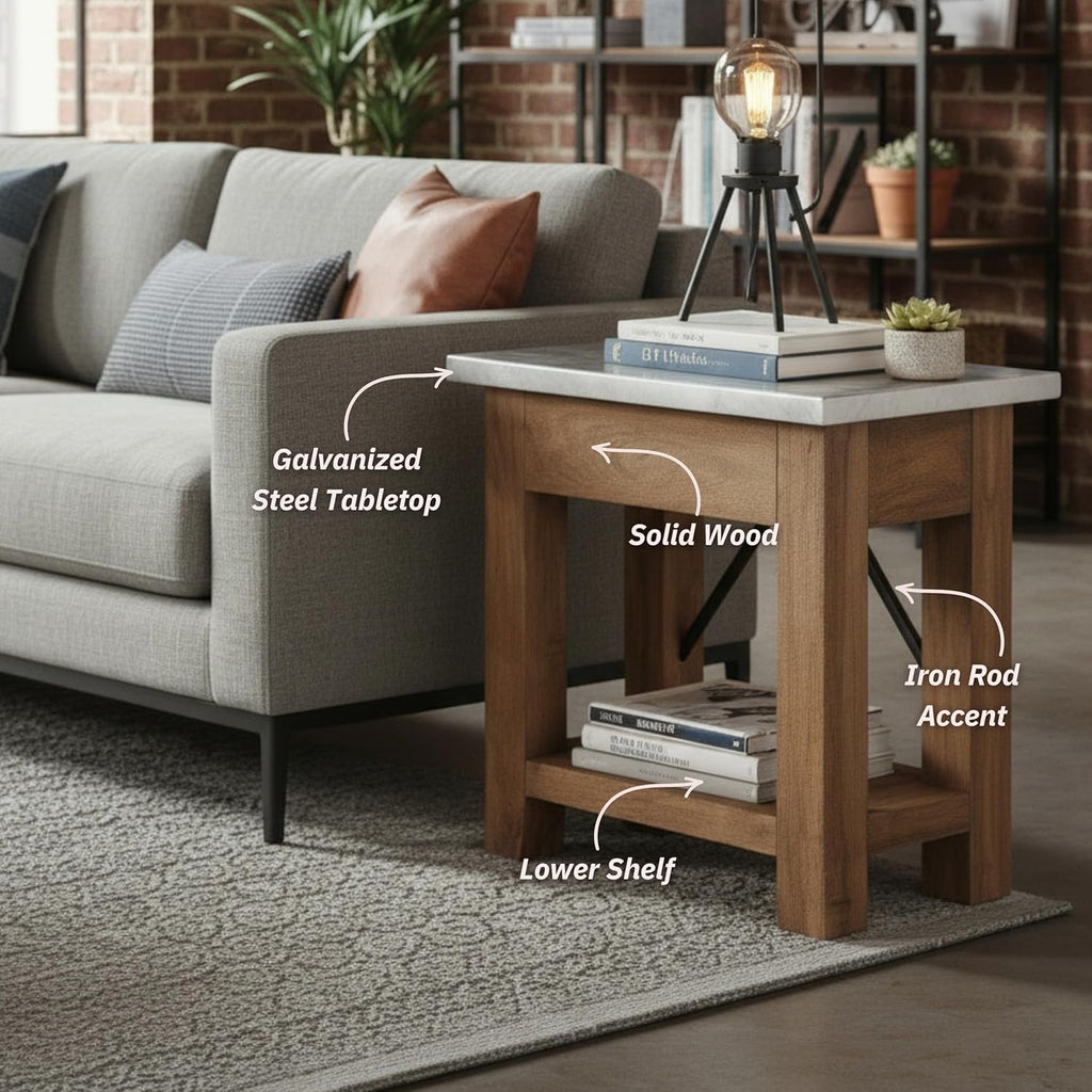 Millwork End Table with Steel Top – Rustic Industrial Narrow Side Table with Lower Shelf and Crossbar Accent – Small Space Accent Table for Living Room, Bedroom, Office by Alaterre Furniture