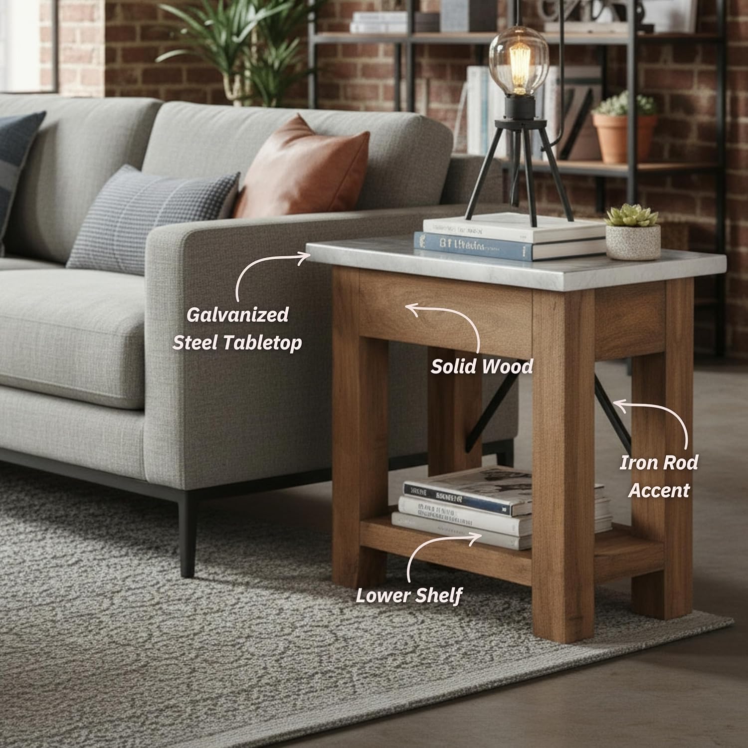 Millwork End Table with Steel Top – Rustic Industrial Narrow Side Table with Lower Shelf and Crossbar Accent – Small Space Accent Table for Living Room, Bedroom, Office by Alaterre Furniture