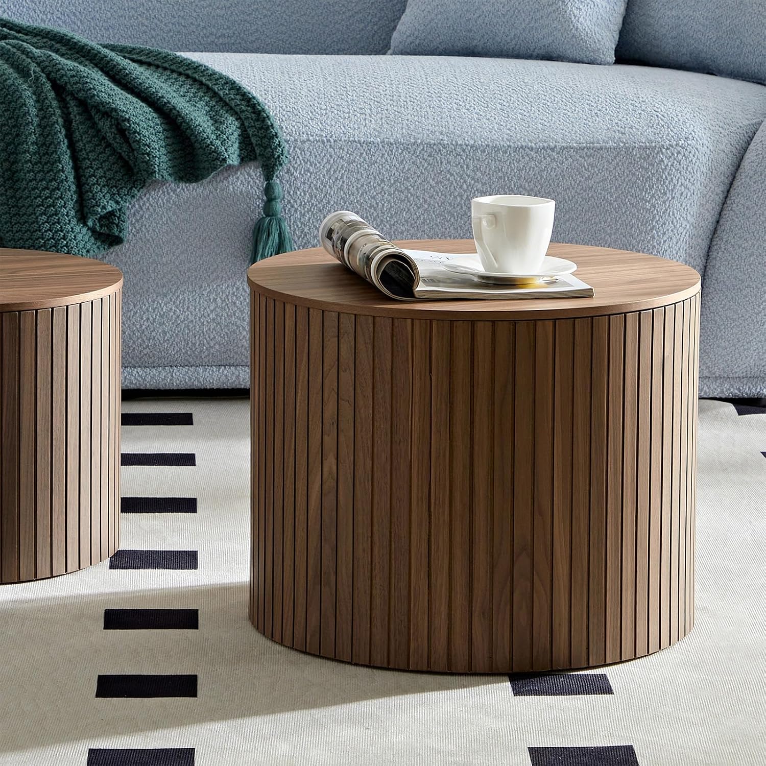 Nesting Coffee Table Set of 2 Modern Round Coffee Tables End Table with Storage Natural Wood Veneer for Living Room Apartment Small Space (Walnut, 19 Inch)
