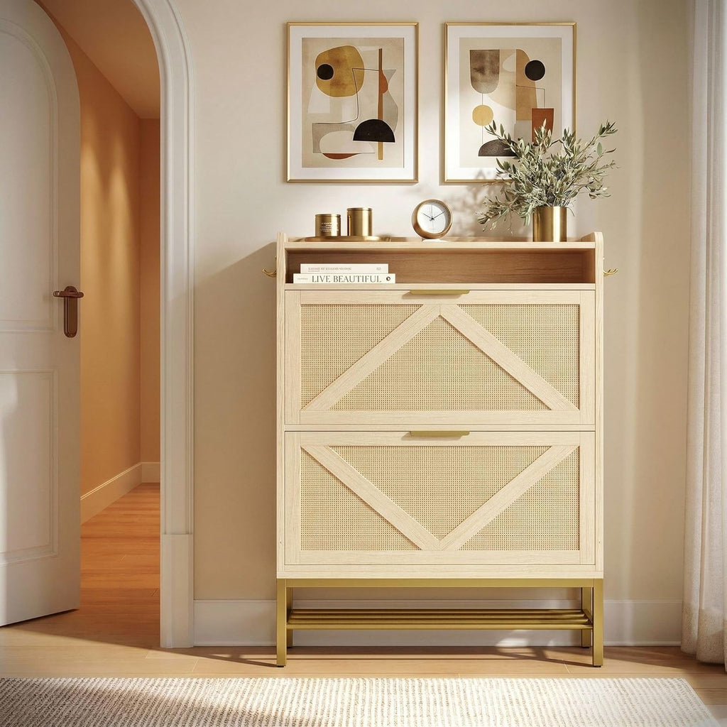 IRONCK Shoe Storage Cabinet with 2 Flip Drawers, 47.9" Tall Narrow Entryway Shoe Storage, Free Standing with 4 Side Hooks and Bottom Metal Rack, Natural Rattan Shoe Rack for Hallway and Entryway