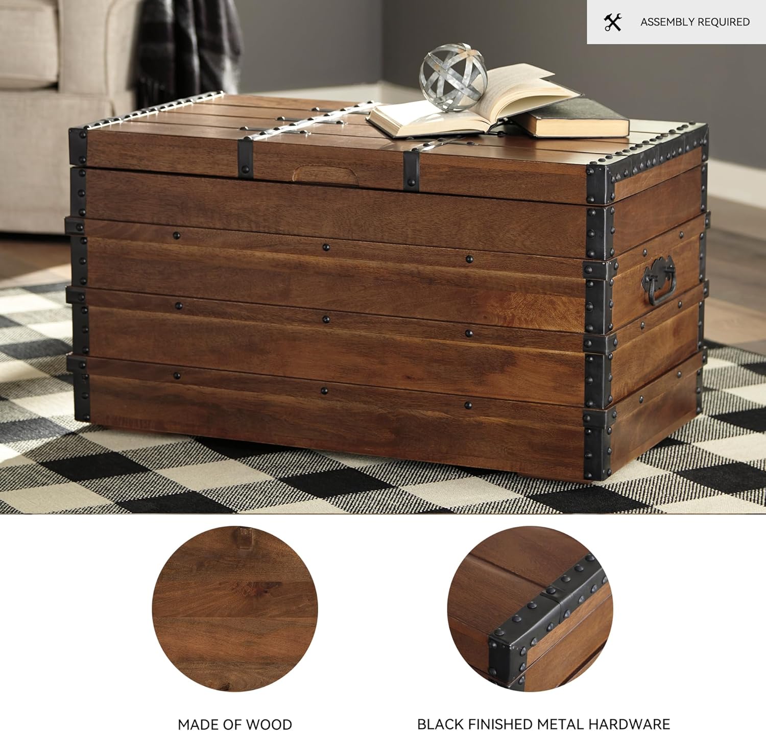 Signature Design By Ashley Kettleby Wooden Storage Box Trunk, Vintage‑Style Coffee Table With Hinged Top And Hidden Storage, Wood Construction With Metal Hardware For Living Room Organization, Brown