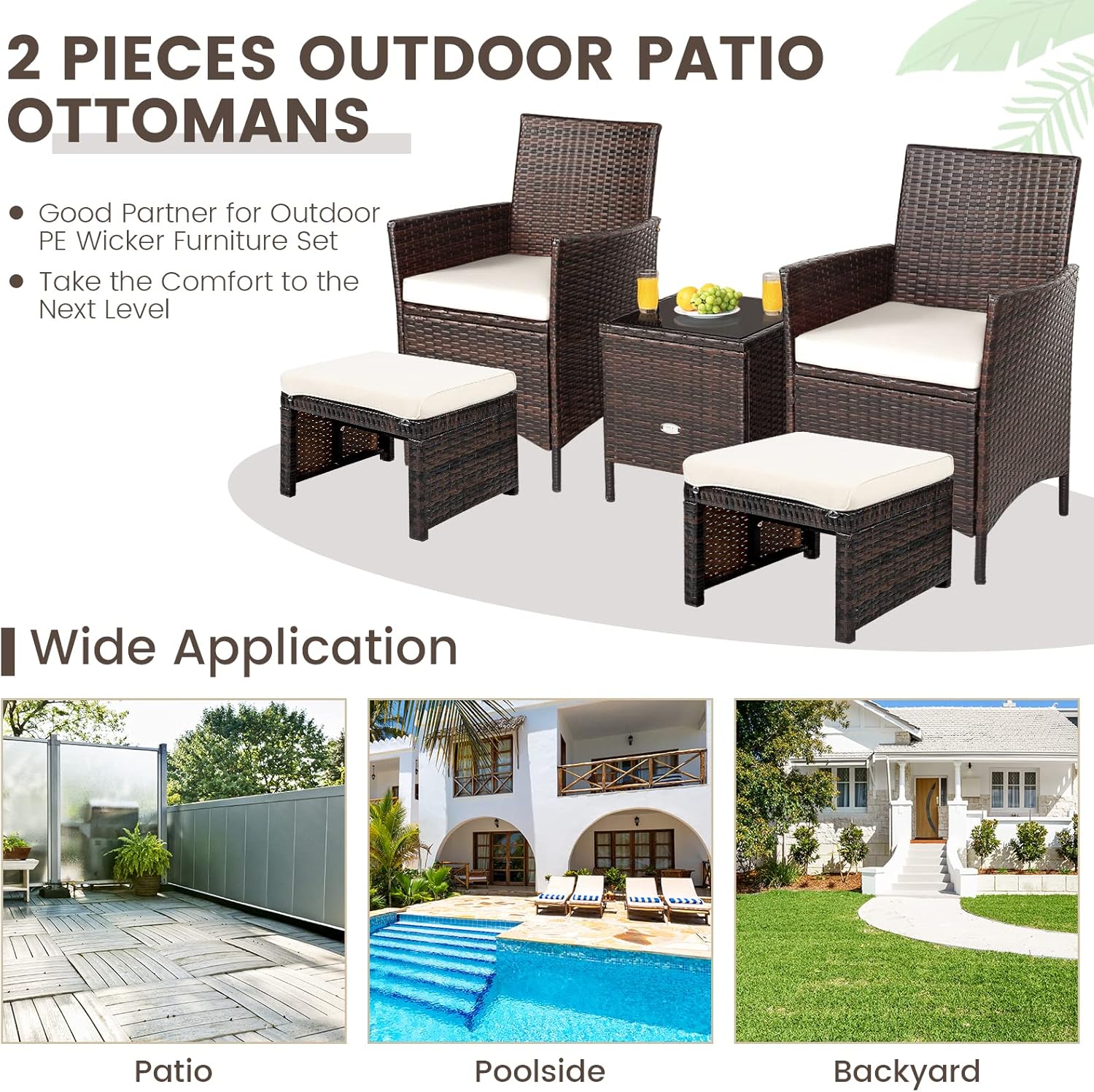 ORALNER Outdoor Ottoman, Set of 2 Wicker Footstools, All-Weather Rattan Foot Stools w/Removable Cushions, Patio Footrest Extra Seating for Porch, Poolside, Garden, Deck, Easy Assembly (Off White)