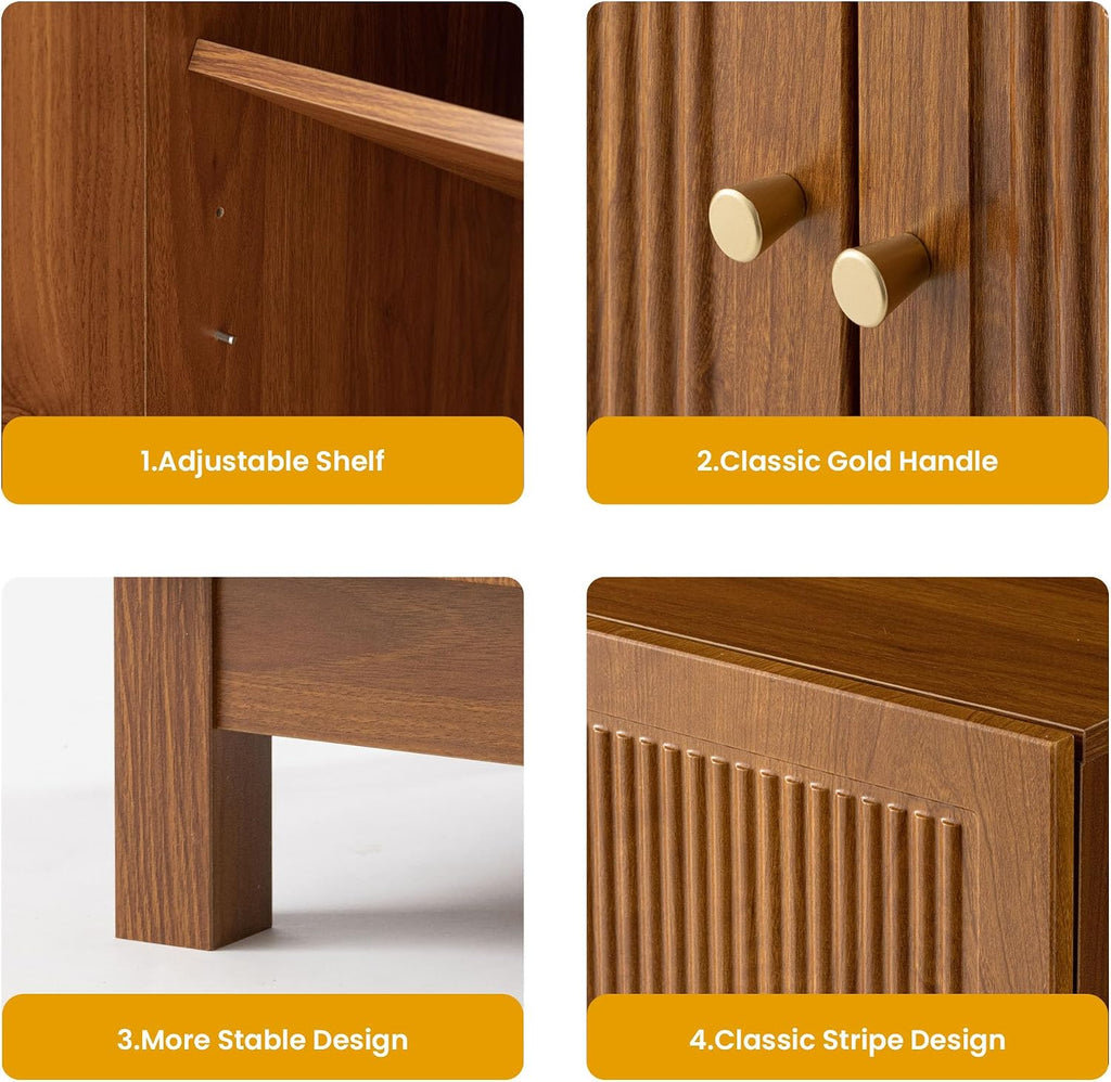 SUNBURY Fluted Cabinet with Storage, Mid Century Modern Accent Cabinet with 2 Doors, Sideboard Buffet with Adjustable Shelves for Living Room, Kitchen, Entryway