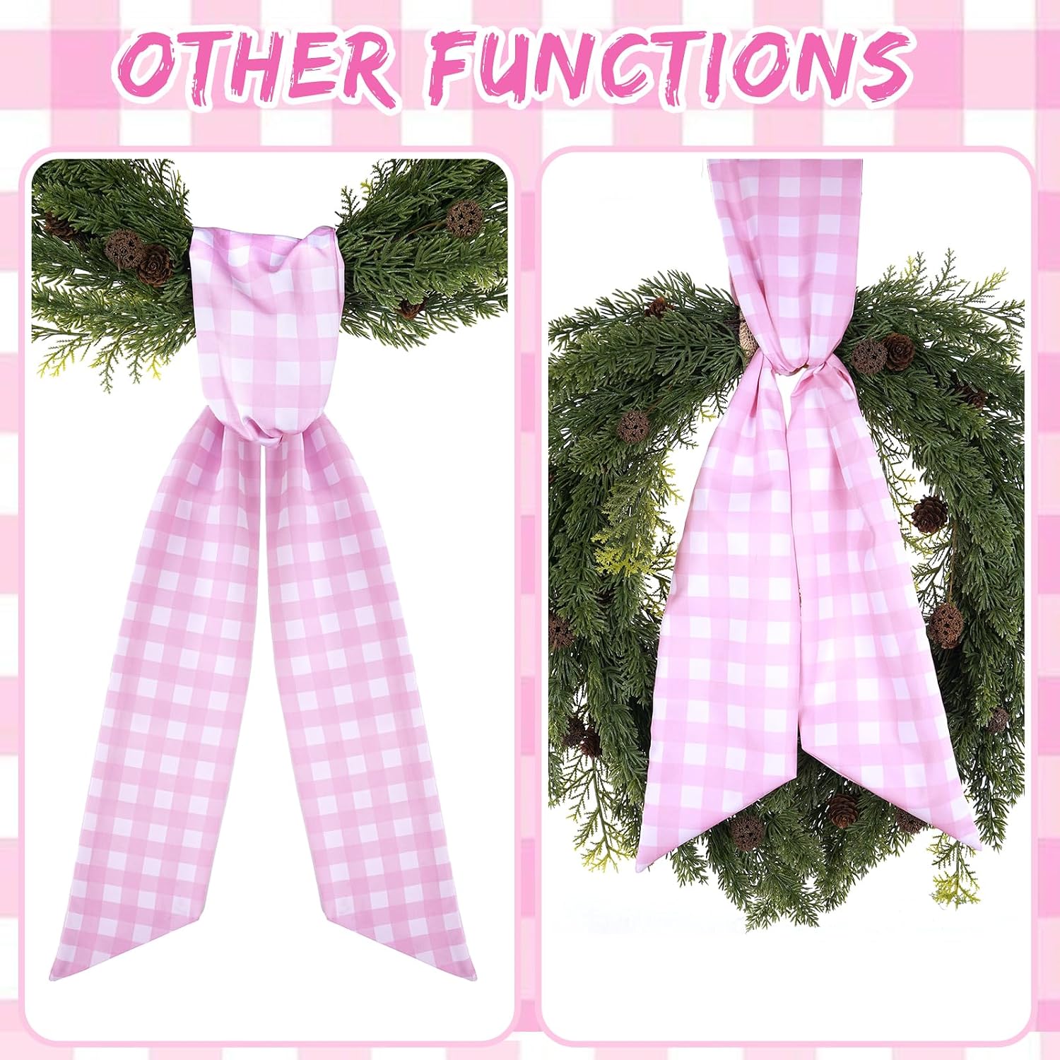 Pink Wreath Sash for Front Door - 2 Pcs Cotton Plaid Sashes for Wreaths Baby Shower Girl, 55.5 Inch Check Wreath Sash for DIY Embroidery Monogram Bow Party Home Decor