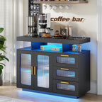 HWB Coffee Bar Cabinet with Storage, Buffet Sideboard with RGB Light, Modern Coffee Bar Table with Charging Station, Black