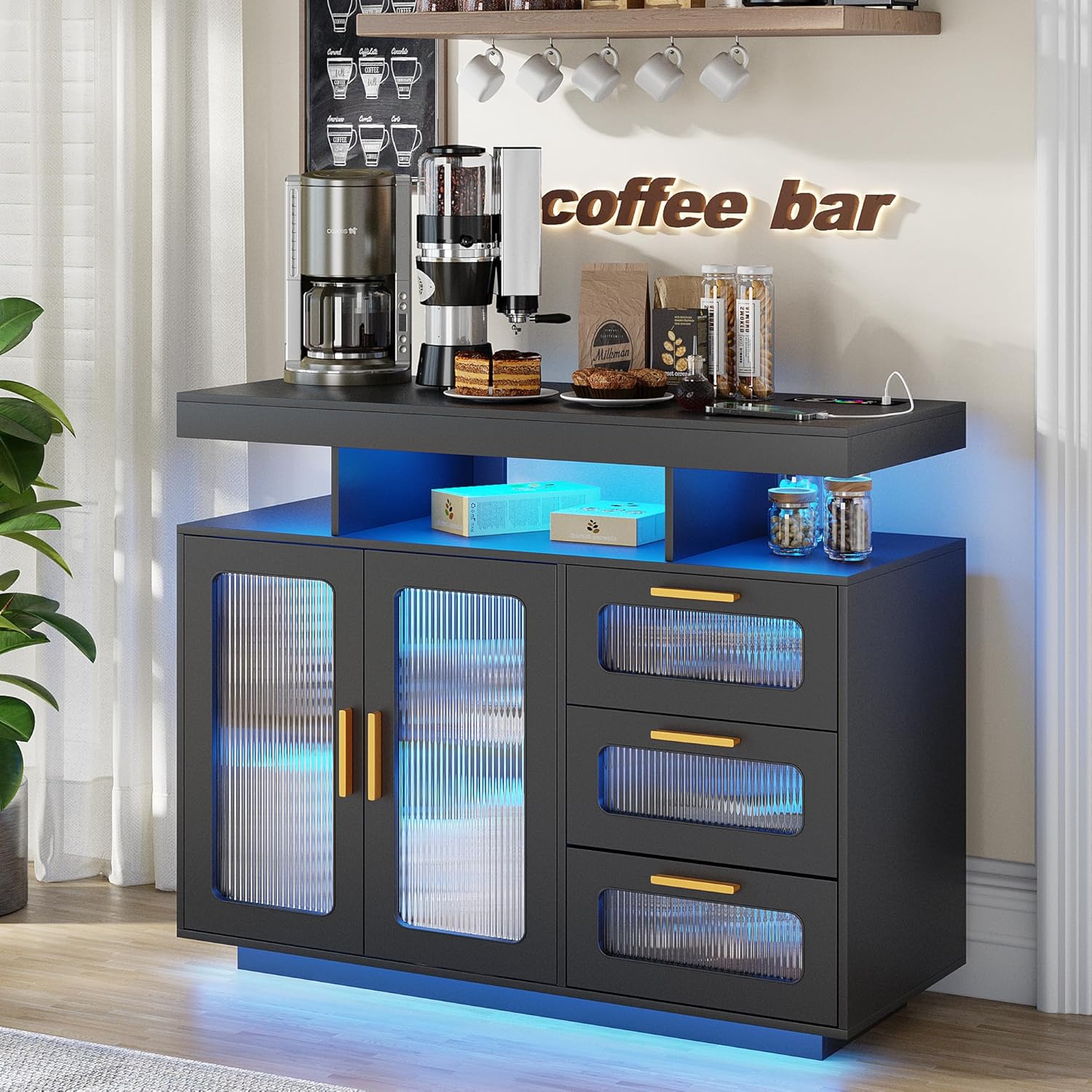 HWB Coffee Bar Cabinet with Storage, Buffet Sideboard with RGB Light, Modern Coffee Bar Table with Charging Station, Black