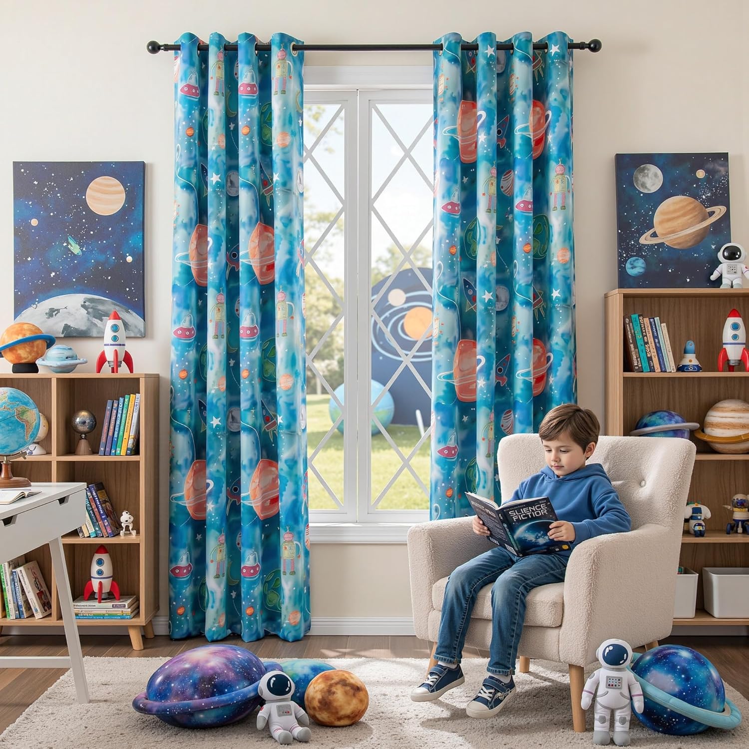 MYSKY HOME Boys Blackout Curtains 84 Inch Long 2 Panels Set 95% Light Blocking Noise Reduction Planet Astronaut Printed Grommet Drapes for Kids Nursery Bedroom Playroom, Each Panel 52" W, Blue