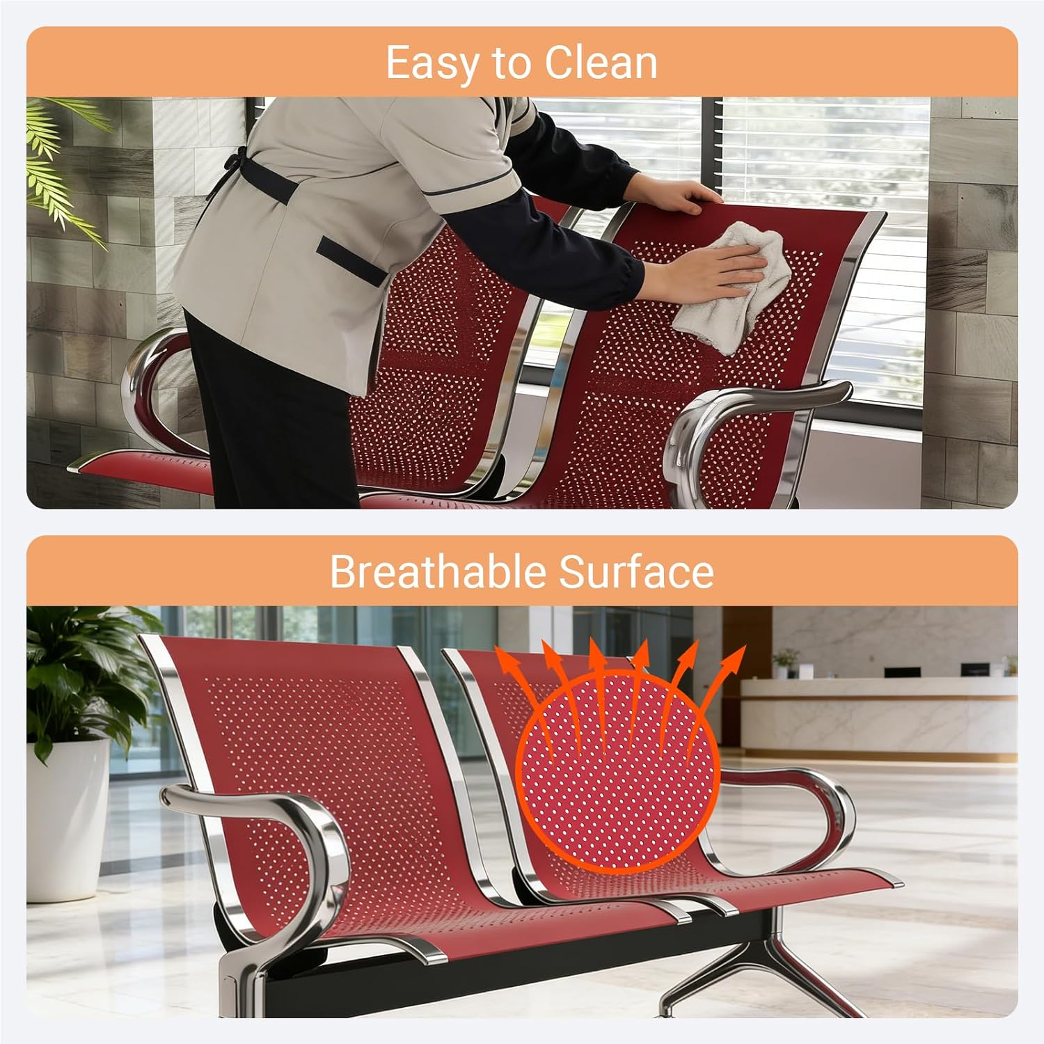 Kinfant 2-Seat Waiting Room Chair - Office Guest Reception Chairs with Ergonomic Backrests, Airport Waiting Bench with Armrests, Metal Waiting Furniture for Hospital, Bank, Salon, Dark Red