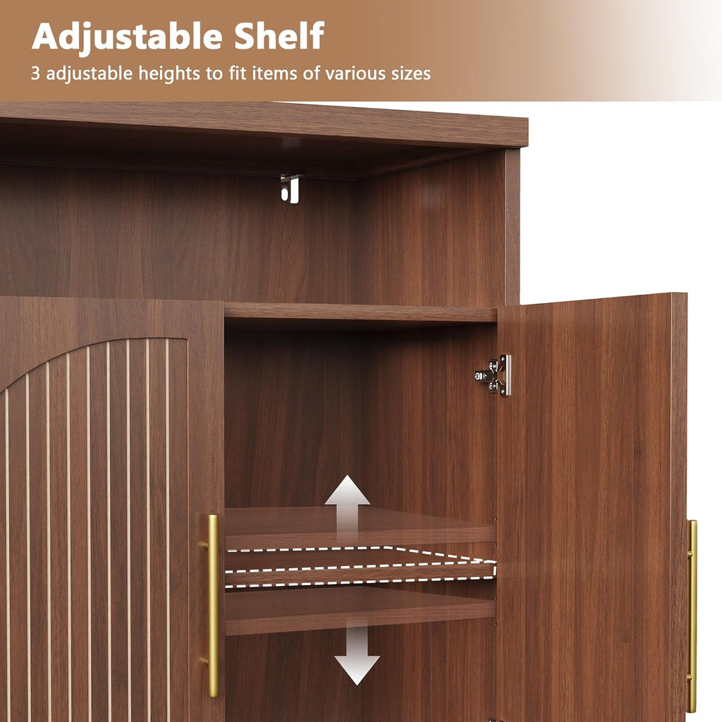 Fluted Buffet Cabinet with Storage, 63" Wide Wood Sideboard Credenza with 4 Doors & Open Storage Shelf, Modern Kitchen Entryway Accent Table for Dining Room Living Room, Kitchen, Hallway, Walnut