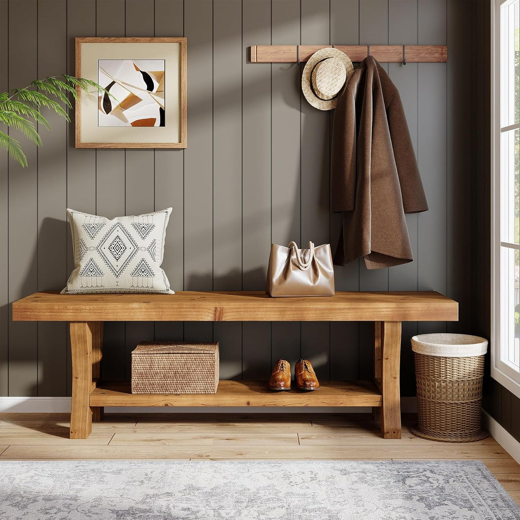 Solid Wood Entryway Bench, 55" End of Bed Bench, Long Indoor Dining Seat for Hallway, Bedroom, Living Room, Dining Room, Easy Assembly, Brown