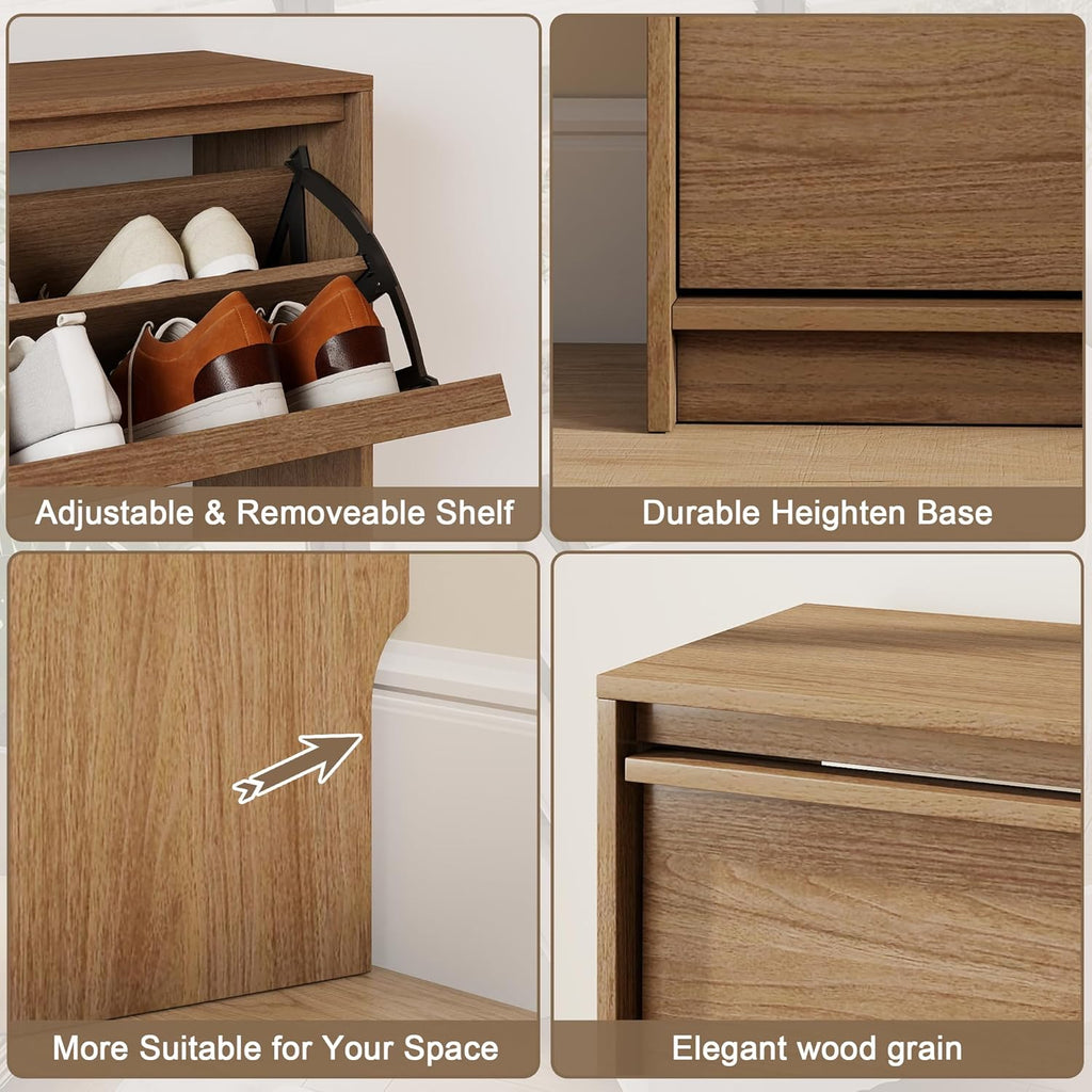 Shoe Storage Cabinet for Entryway with 4 Flip Drawers, Wooden Shoe Organizer Cabinet with Adjustable Shelf, Slim Freestanding Shoe Rack for Entryway, Hallway, Living Room, Walnut