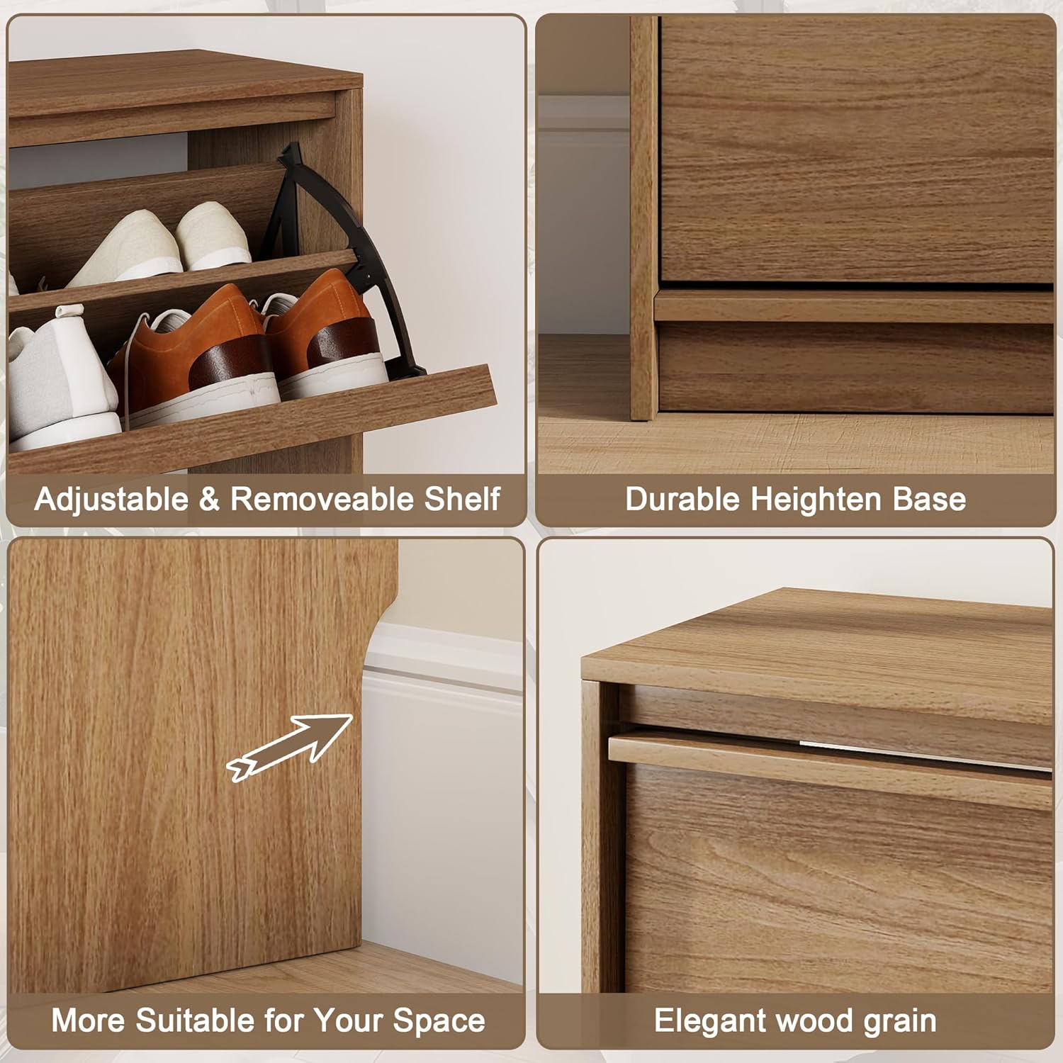 Shoe Storage Cabinet for Entryway with 4 Flip Drawers, Wooden Shoe Organizer Cabinet with Adjustable Shelf, Slim Freestanding Shoe Rack for Entryway, Hallway, Living Room, Walnut