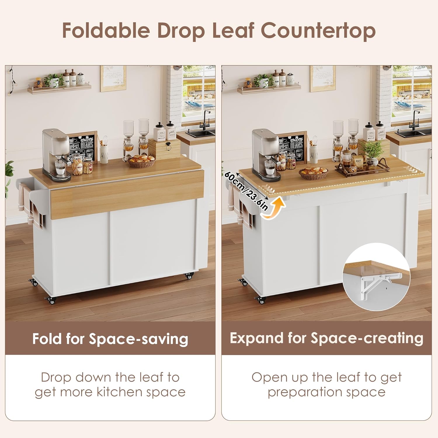 FINETONES Kitchen Island with Storage, Rolling Kitchen Island on Wheels with Wood Drop Leaf Countertop, Island Table Bar Cart with Spice Towel Rack Portable Kitchen Table Kitchen Carts on Wheels