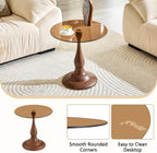 KEIKI Modern Side Table with Tempered Glass Top, Round Metal End Table for Living Room Bedroom Balcony, Small Accent Coffee Table for Sofa Side Bedside, 19.6", Walnut