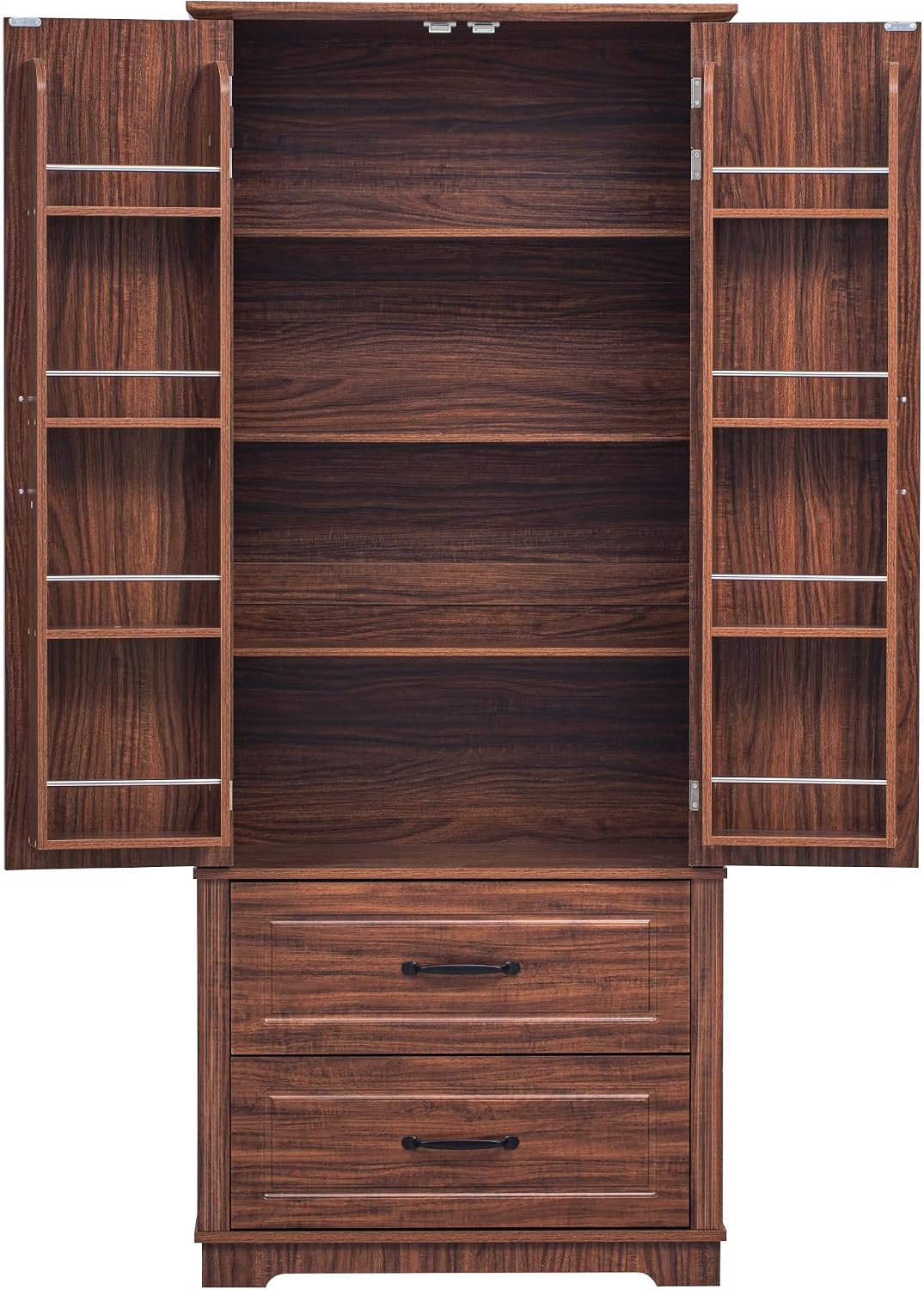 71" Farmhouse Freestanding Pantry Cabinet with Embossed Texture | 2 Large Drawers, 8 Door Shelves & 3 Adjustable Shelves | Kitchen, Dining & Living Room Storage (Brown)