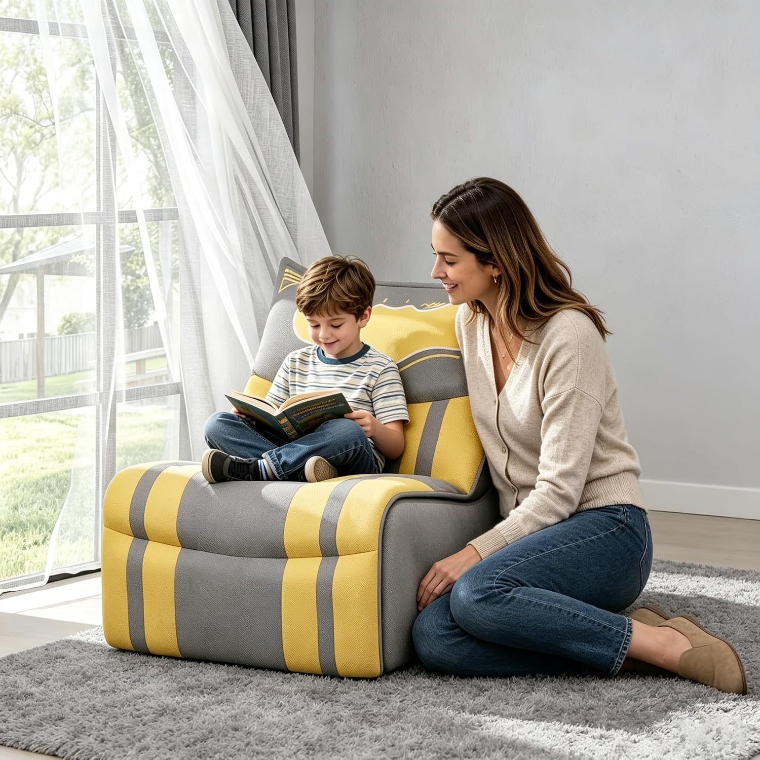 Kids Sofa Chair, Superhero-Inspired Gaming Lounge Seat with High-Density Foam, A Soft Fabric Modular Chair for Playroom, Bedroom, Reading Corner, Grey with Yellow Accents