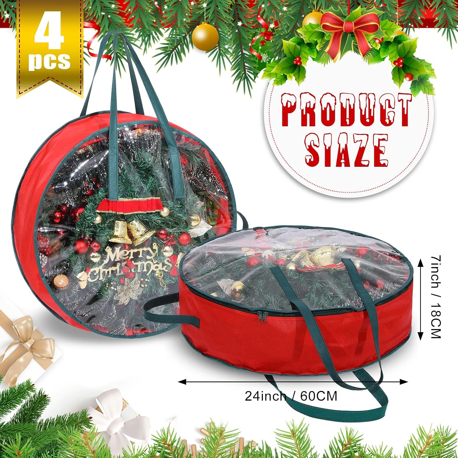 Shappy 4 Pcs Red Wreath Storage Bag Clear Wreath Box Storage Containers with Clear Window and Handle Garland Containers for Holiday Seasonal Bags (24 Inch)