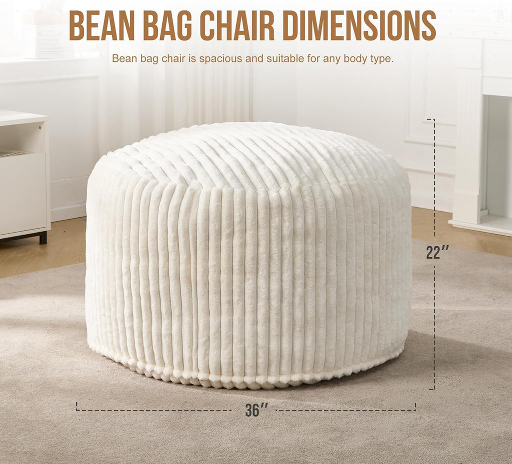 Hobestluk Adult Bean Bag Chair Giant Beanbag with Filling Living Room 3FT | White Large Big Oversized Bean Bag Chair Memory Foam Filling Machine Washable Fluffy Cover Bedroom Dorm Reading Gaming