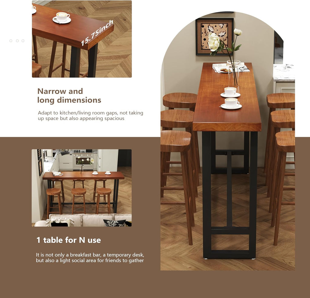 quanzhoulong47in Dark Brown Solid Wood Bar Height Pub Table - Built-in Footrest, Solid Wood Top & Sturdy Metal Legs | Counter Height Dining Table for Kitchen, Bistro & Dining Spaces (47in)