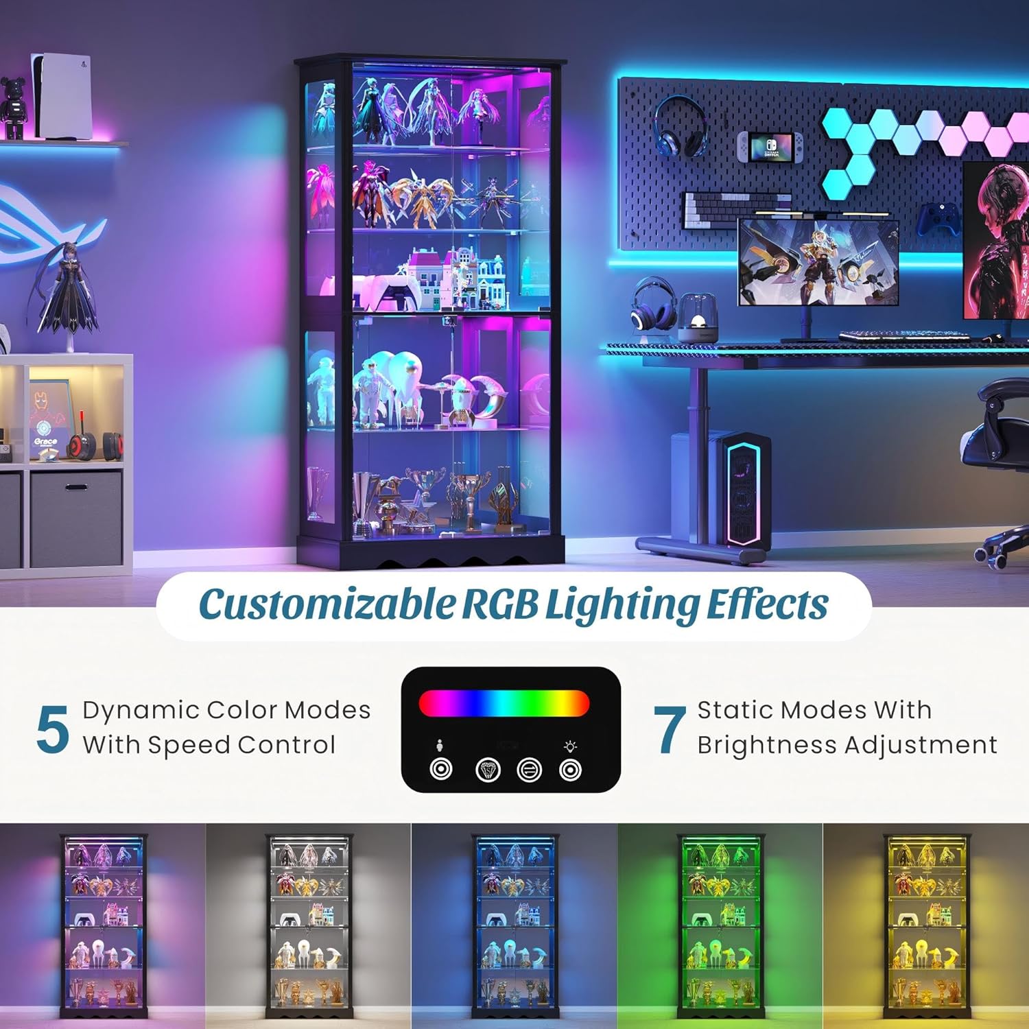 Dystler 71'' Glass Display Cabinet with Doors, RGB Curio Cabinet with LED Lights for Collectibles, Display Case with Adjustable Shelf, Black