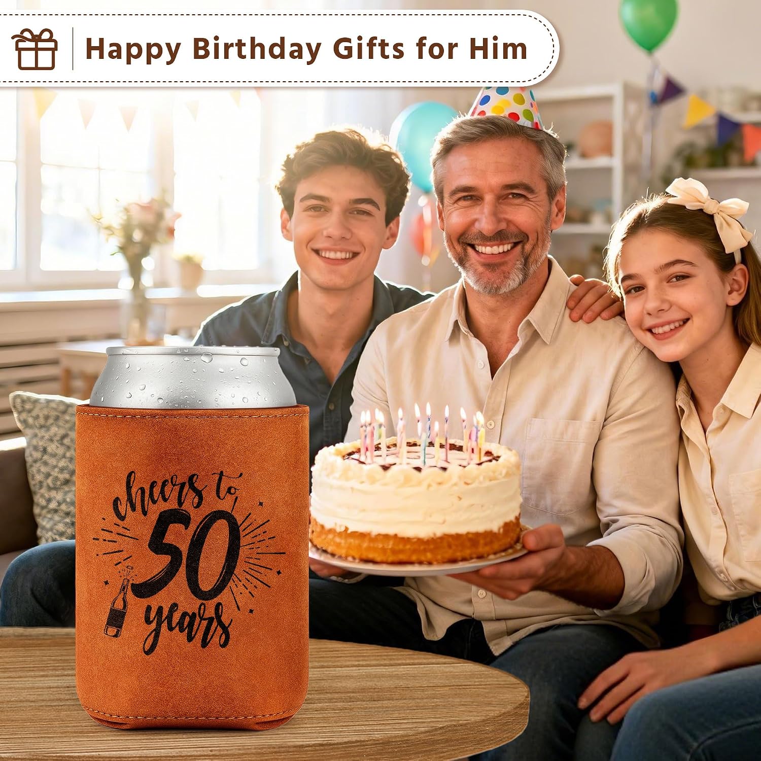 LEJIAJINW 50th Birthday Gift 50 Year Old Birthday Gifts for Men Women, Cheers to 50 Years Vintage 1976 Leather Can Sleeve, Funny 50th Birth Party Decoration Gift for Dad, Mom, Husband, Wife, Grandpa