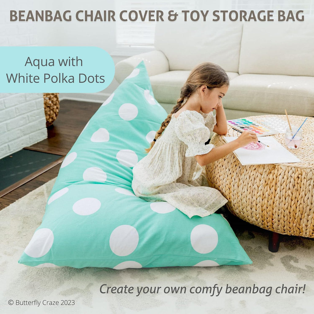 Butterfly Craze Kids Bean Bag Chair Cover - Zippered Plush Toy Organizer & Stuffed Animal Storage - Cozy Floor Lounger & Bean Bag Chairs for Kids - Aqua Polka Dots, 50 x 30 x 35 in