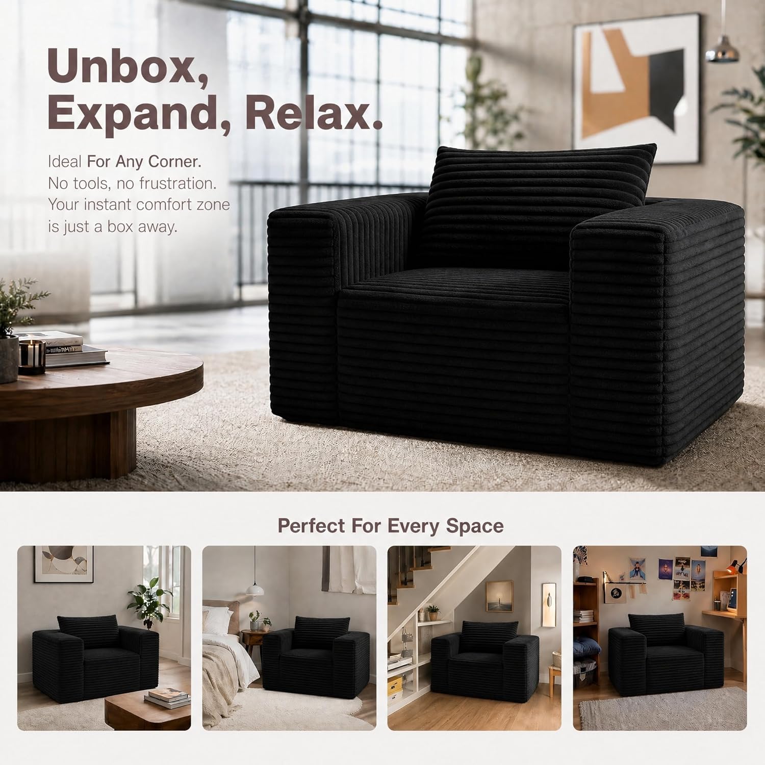 Mini Boneless Single Sofa Chair, Corduroy Cloud Couch with Pillow & Wide Armrests, High-Density Foam Reading Lounge for Living Room & Bedroom – No Assembly Required, Black