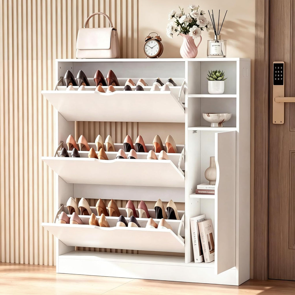 GRUSIGN Shoe Storage Cabinet with 3 Flip Drawers and Storage Space, Adjustable Shelf, Large Capacity Shoe Cabinet for Entryway,Hallway, Mudroom (White)