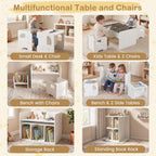 Costzon 3 PCS Kids Table and Chairs, All in One Wooden Montessori Desk Set w/Chalkboard, Storage Shelves, Toddler Table and Chair Set for Home, School (White, Elephant)