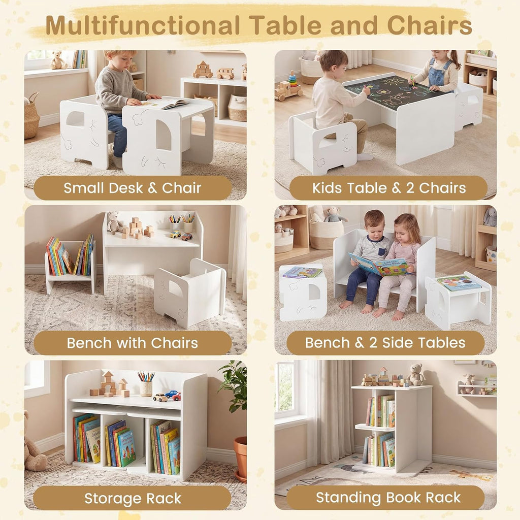 Costzon 3 PCS Kids Table and Chairs, All in One Wooden Montessori Desk Set w/Chalkboard, Storage Shelves, Toddler Table and Chair Set for Home, School (White, Elephant)