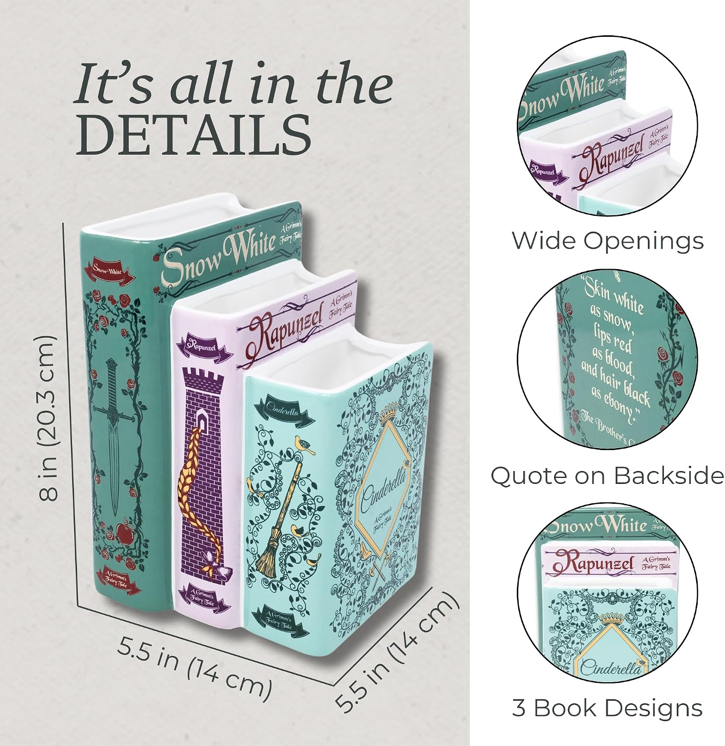 Steel Mill & Co Original Triple Book-Shaped Decorative Vase, Tiered Ceramic Bookshelf Decor, Unique Flower Holder for Book Lovers, Grimm's Fairy Tales