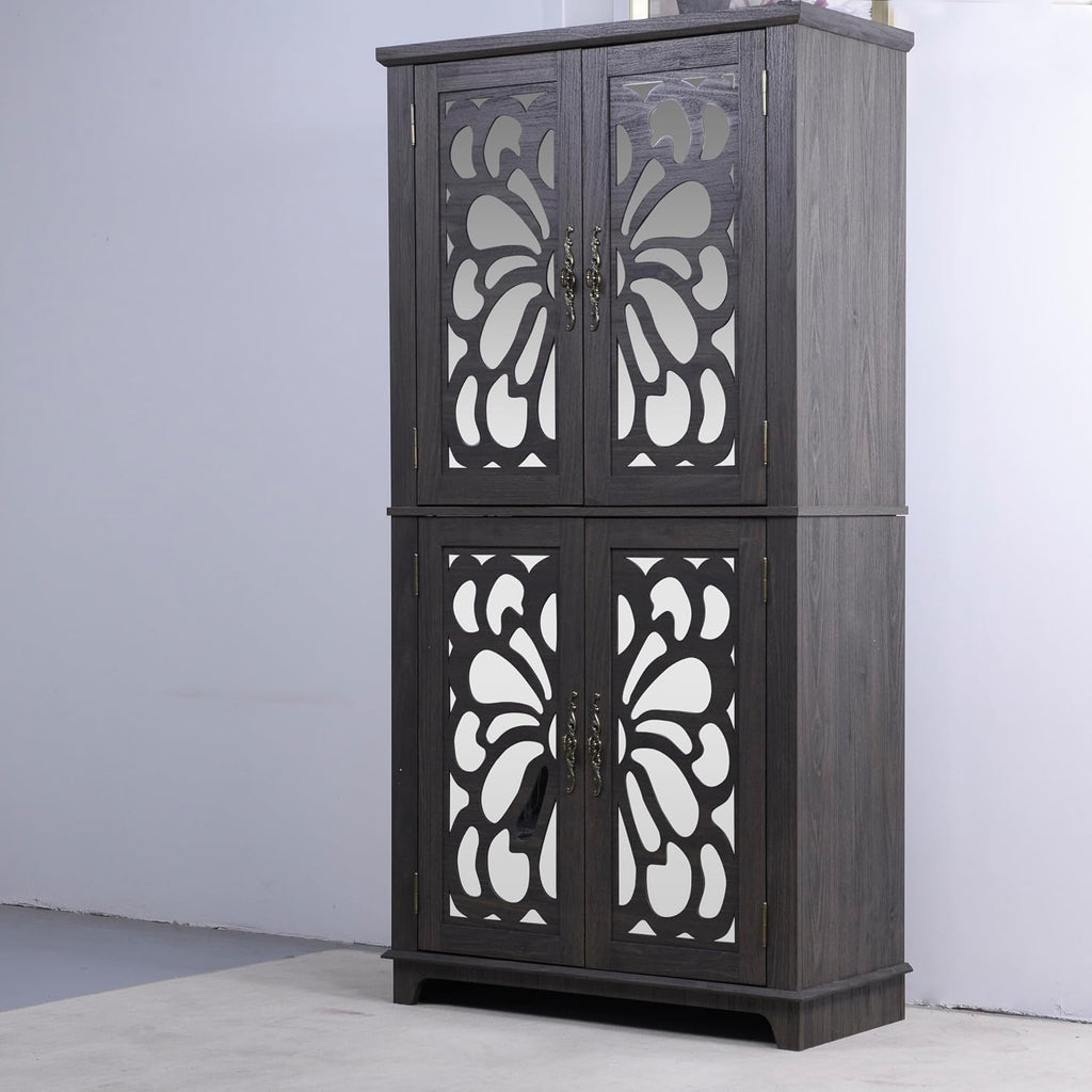 JIJIWANG Kitchen Pantry Storage Cabinet with Acrylic Mirrored Doors,Large Sideboard Buffet with Adjustable Interior Shelf,for Dining Room, Living Room, Hallway,Brown