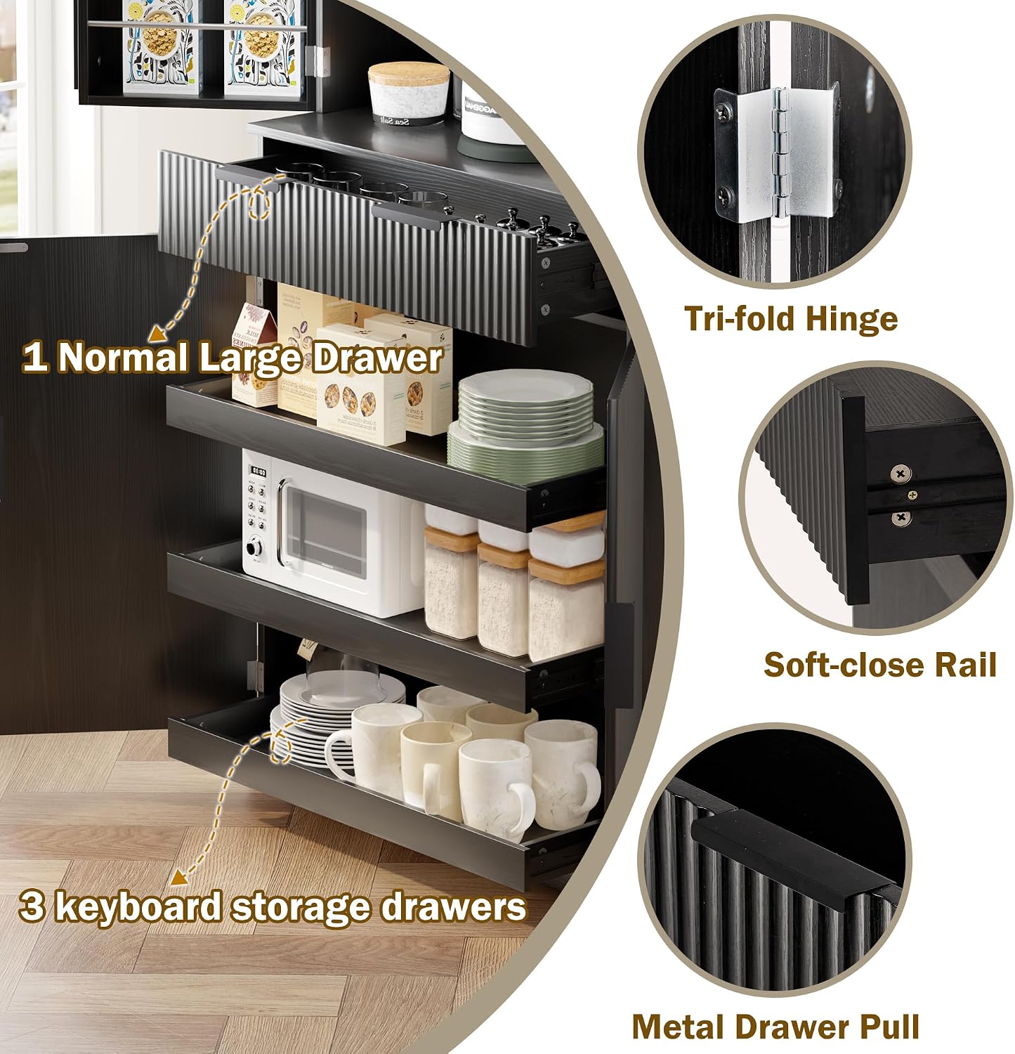 72'' Kitchen Pantry Storage Cabinet, Pantry Storage Cabinet with 3 Keyboard Drawers and 6 Door Shelves Adjustable, Freestanding Buffet Cabinet for Bathroom, Diningroom (Black)